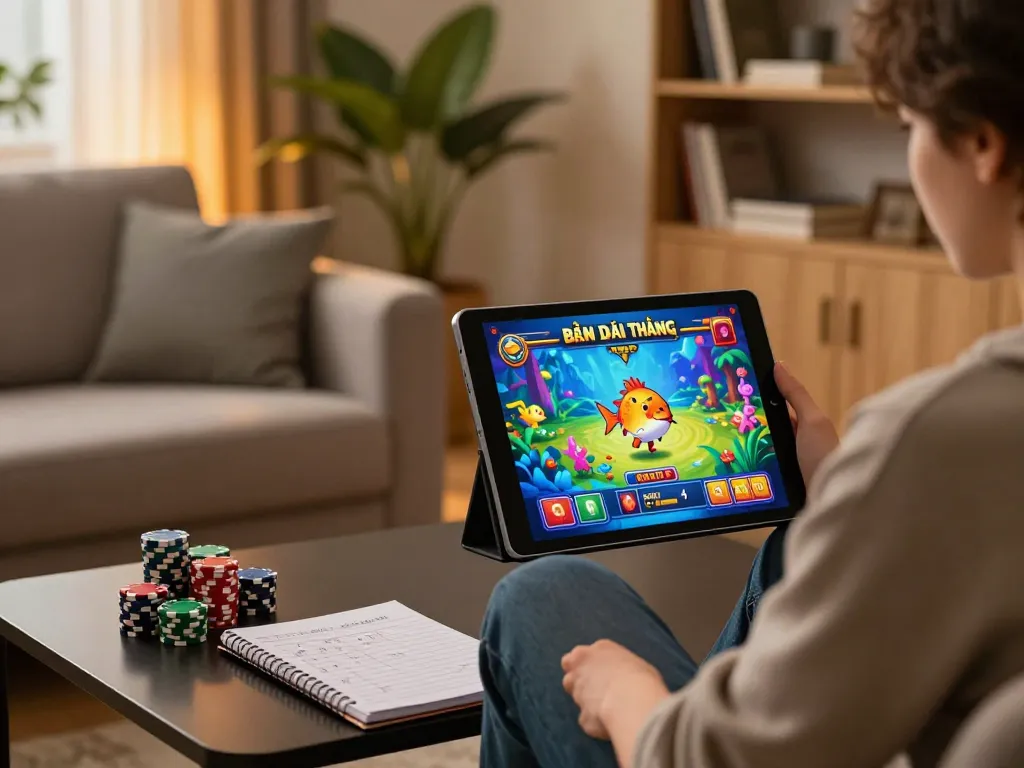Bắn Cá Đổi Thưởng gaming session featuring a user engaged on a tablet in a cozy home environment.