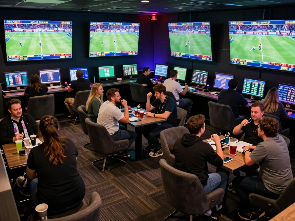 Excited bettors placing wagers at live sports events with uk88 branding in a lively lounge