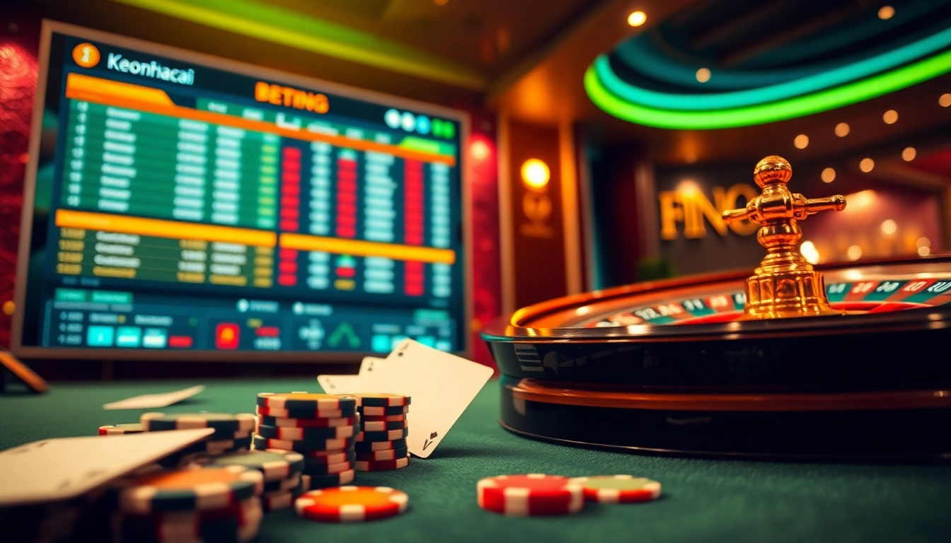Engaging gambling scene featuring keonhacai visual representation with poker chips and live odds.