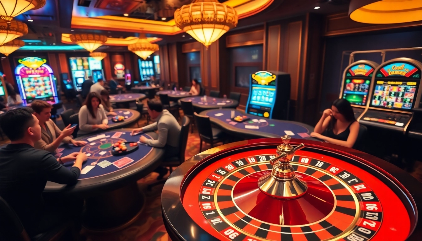 Players engage in high-stakes gaming at https://luongsontv5.com/ in a luxurious casino atmosphere, showcasing roulette and poker excitement.