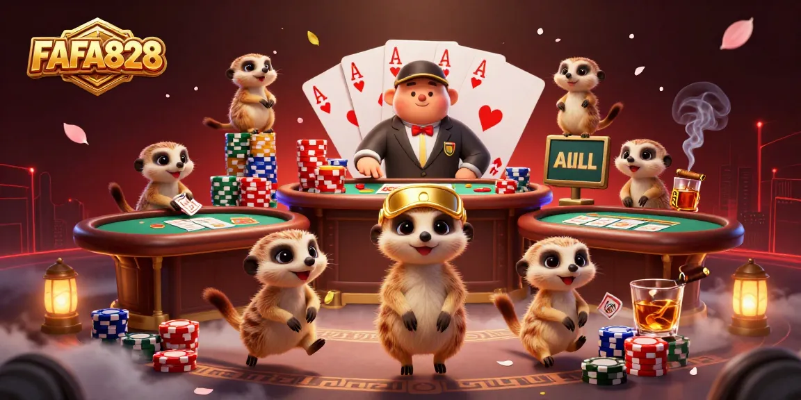 FAFA828 meerkats running a vibrant casino operation filled with poker elements and intricate details.