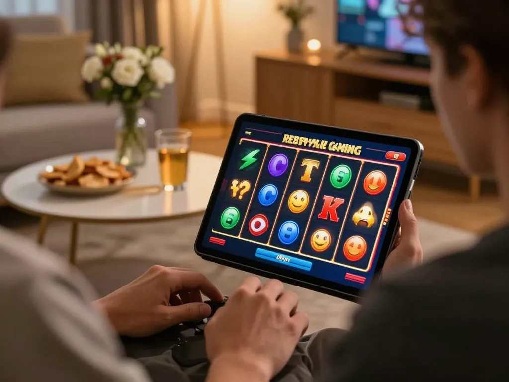 Engaging RR88 gameplay on a tablet showcasing spinning slot machines in a cozy home environment