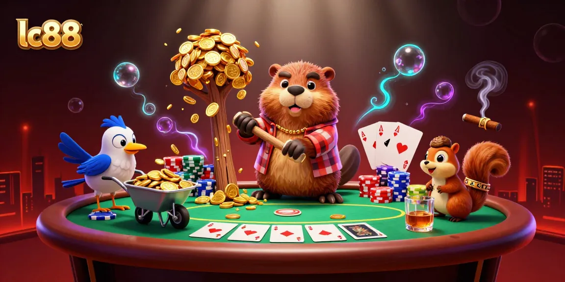 Experience lc88's vibrant casino scene with a whimsical beaver collecting golden coins.