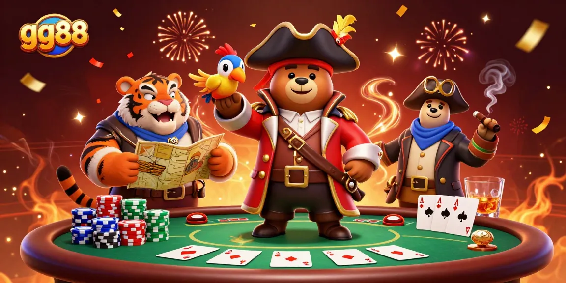 Engage in thrilling games at gg88 while encountering a pirate captain bear and his crew in a vibrant casino scene.