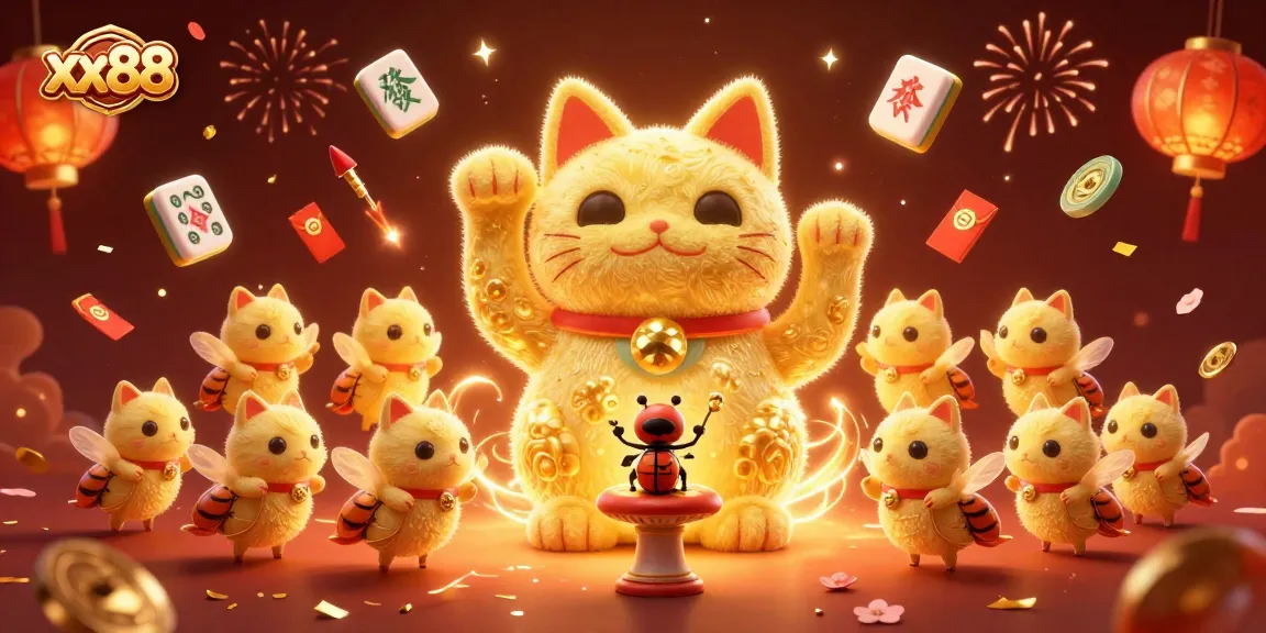 Experience the magic of xx88 with a 3D lucky cat and vibrant casino symbols swarming in celebration.