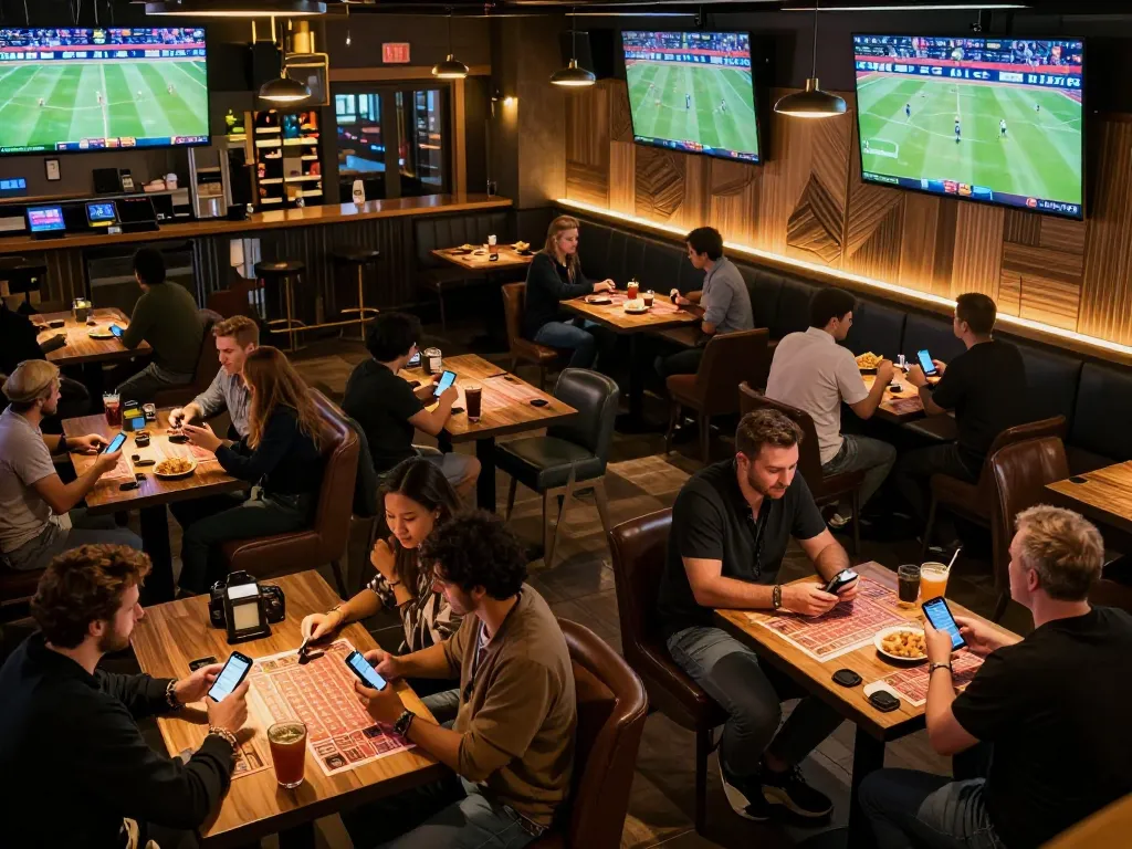 Engaged bettors at a lively sports bar utilizing 13win-asia for live betting strategies.