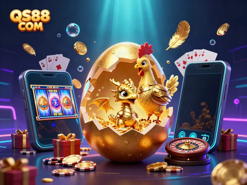 Experience the captivating world of QS88 COM with a golden dragon amidst a rich casino environment.
