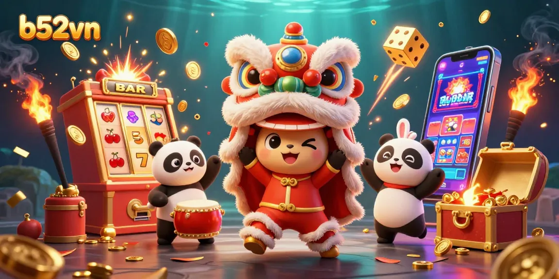 b52vn celebrates with dynamic casino characters, showcasing engaging slot machine and festive elements.