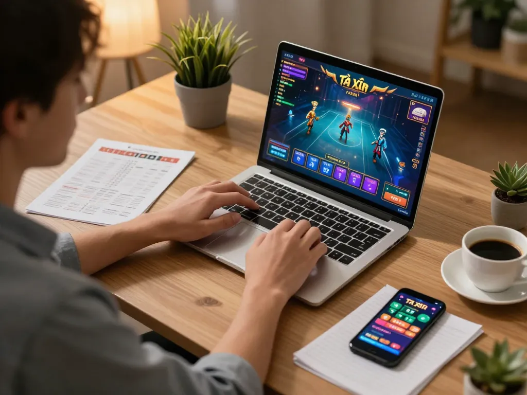 Engaged player enjoying Tài Xỉu MD5 bet on laptop, showcasing a cozy home gaming setup.