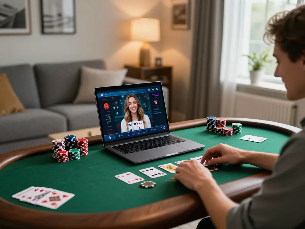 Engaging in a live dealer game on 68win with a laptop in a cozy home setup