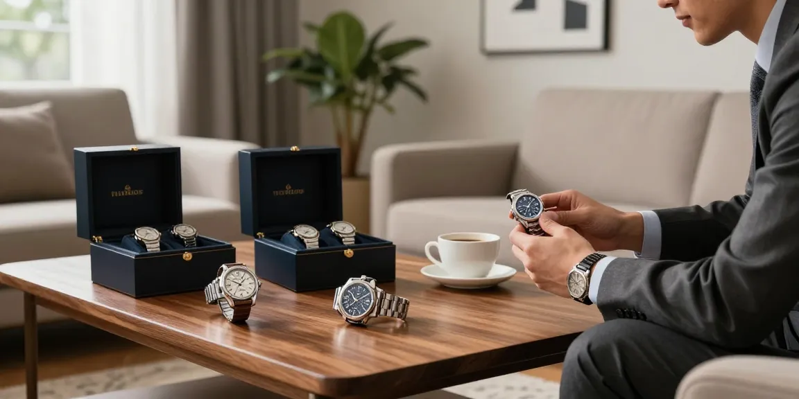 Exquisite replica watches displayed on a coffee table, showcasing luxury and detail.