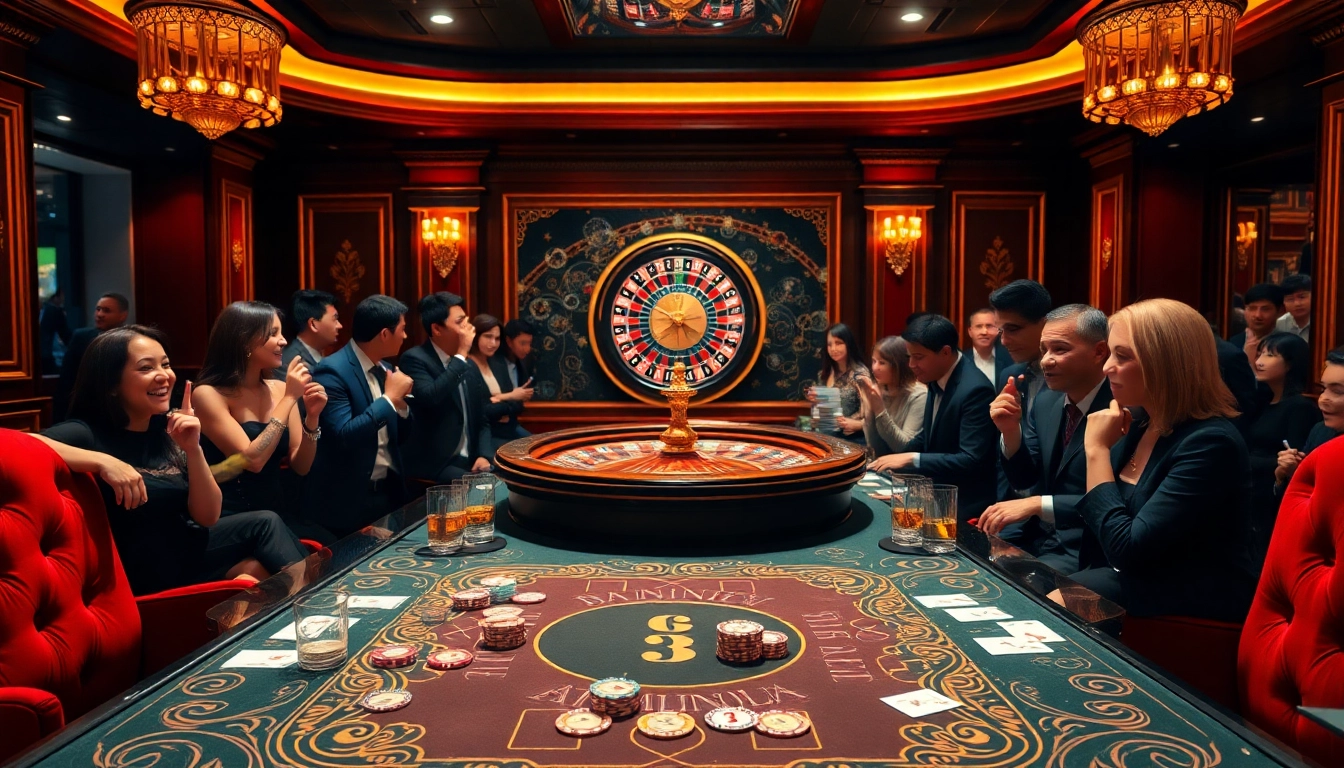 Excited players around a luxurious casino table engaging with GG88 branded poker chips and cards.