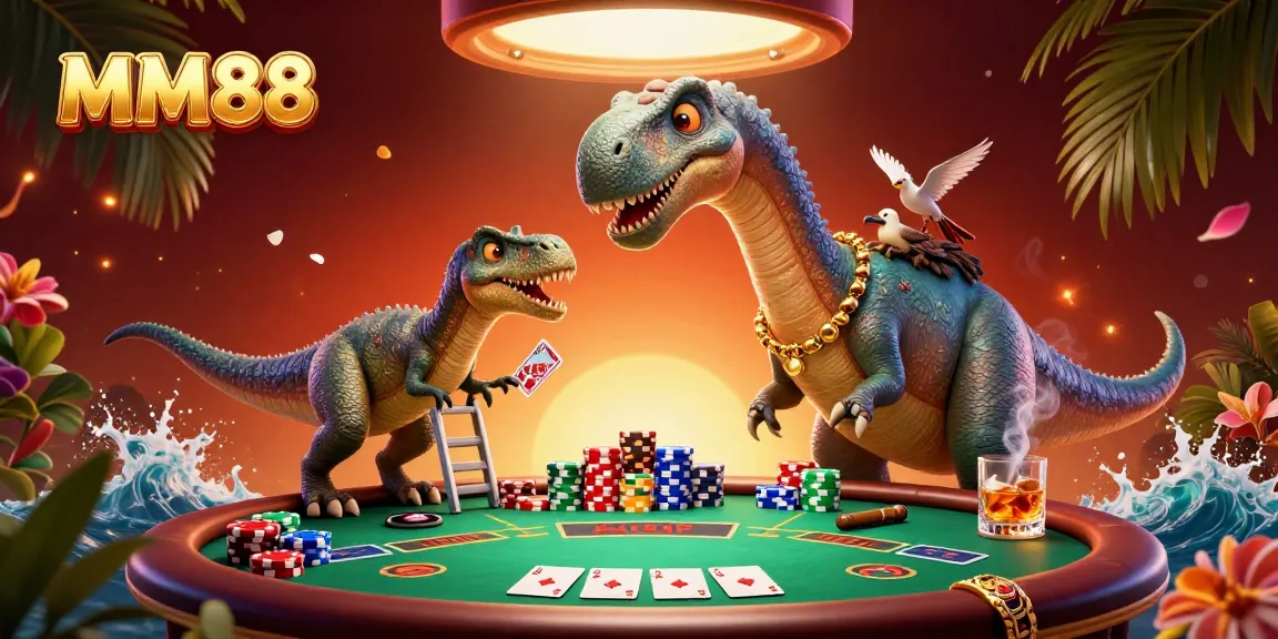 Experience MM88's dynamic casino action with a brontosaurus, clever raptor, and vibrant poker elements.
