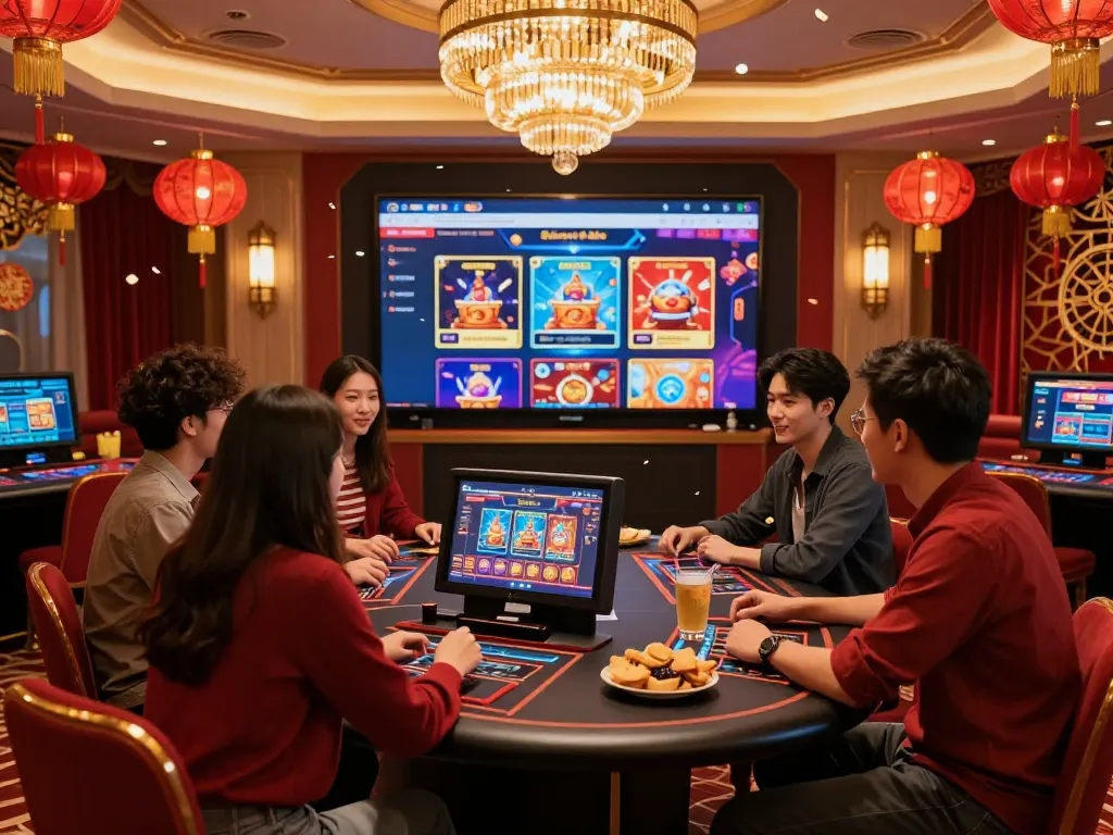 Players enjoying 8kbet promotions in a vibrant Lunar New Year gaming atmosphere with red and gold decorations.