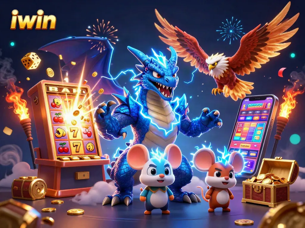 Play exciting casino games with iwin as thunder dragon, hawk, and dynamic symbols fill the scene.