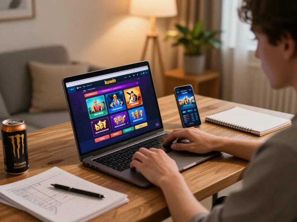 Kuwin user engaging in online casino gaming on a laptop with vibrant game display