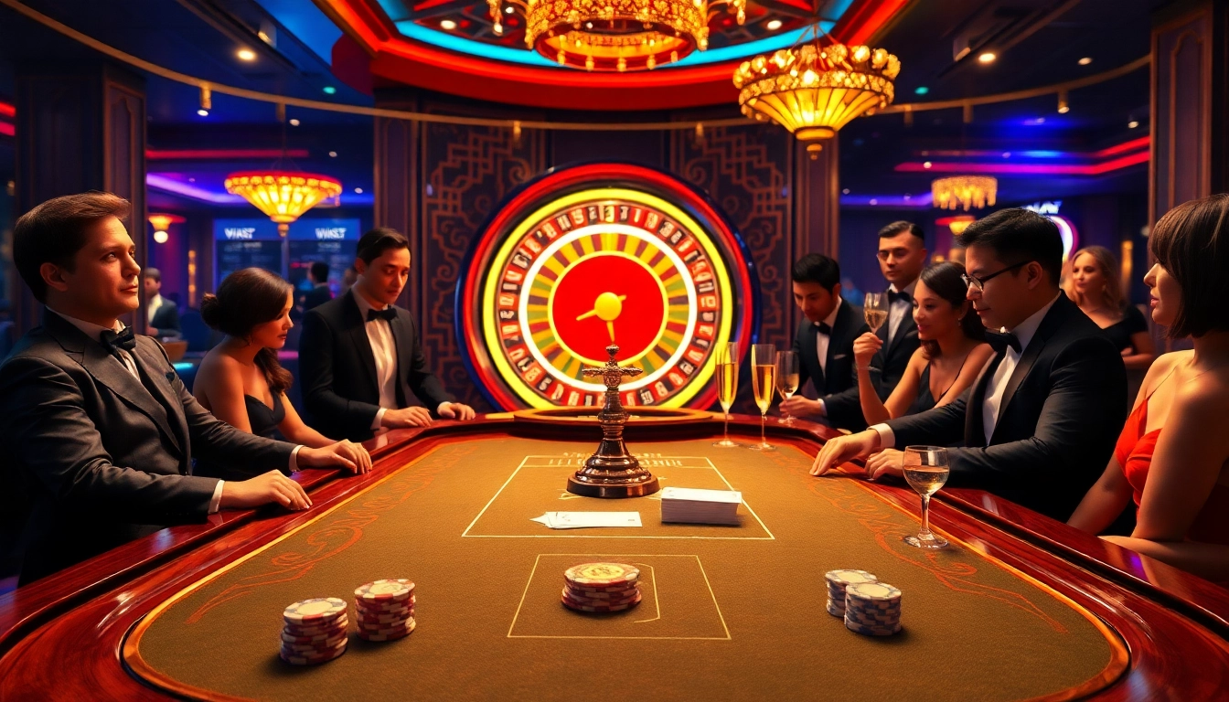 Experience the excitement of gambling at KJC, featuring a luxurious poker table and roulette wheel.