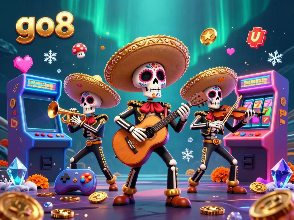 Engage with go8's vibrant casino scene featuring mariachi skeletons and dynamic gaming elements.