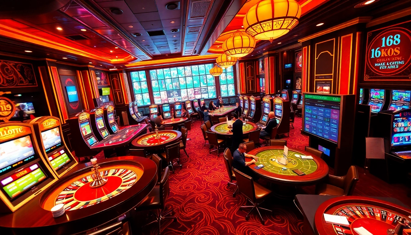 Experience the thrill of f168 at an upscale casino with vibrant tables and excited players.