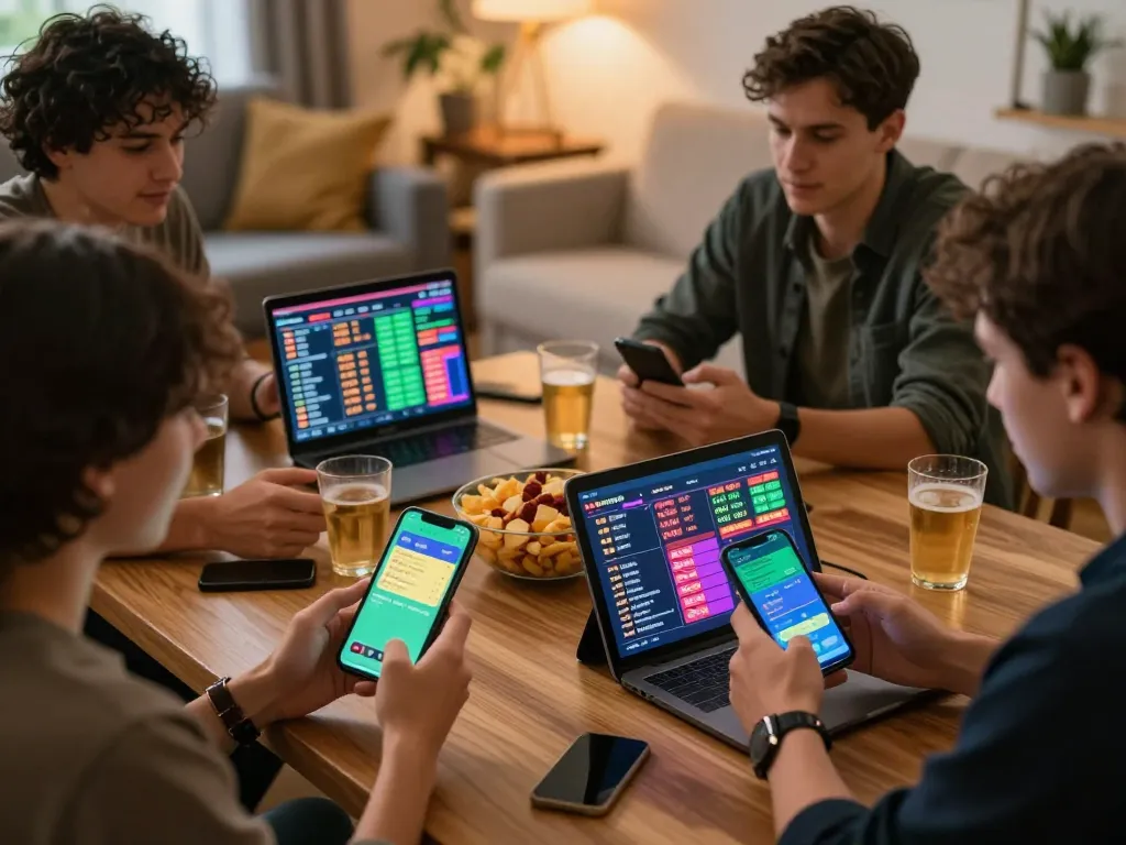 Engaging in vebo tv sports betting with friends, smartphones displaying live odds and apps in a warm home setting.