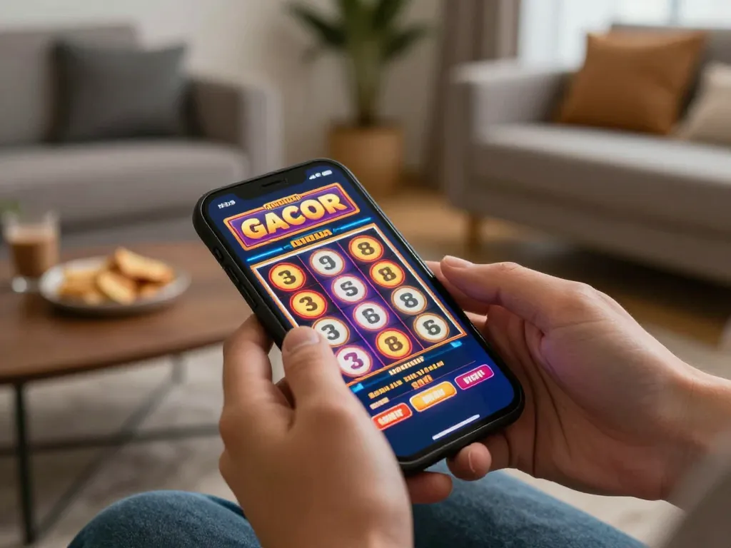 Playing the exciting slot gacor game on a smartphone in a cozy living room