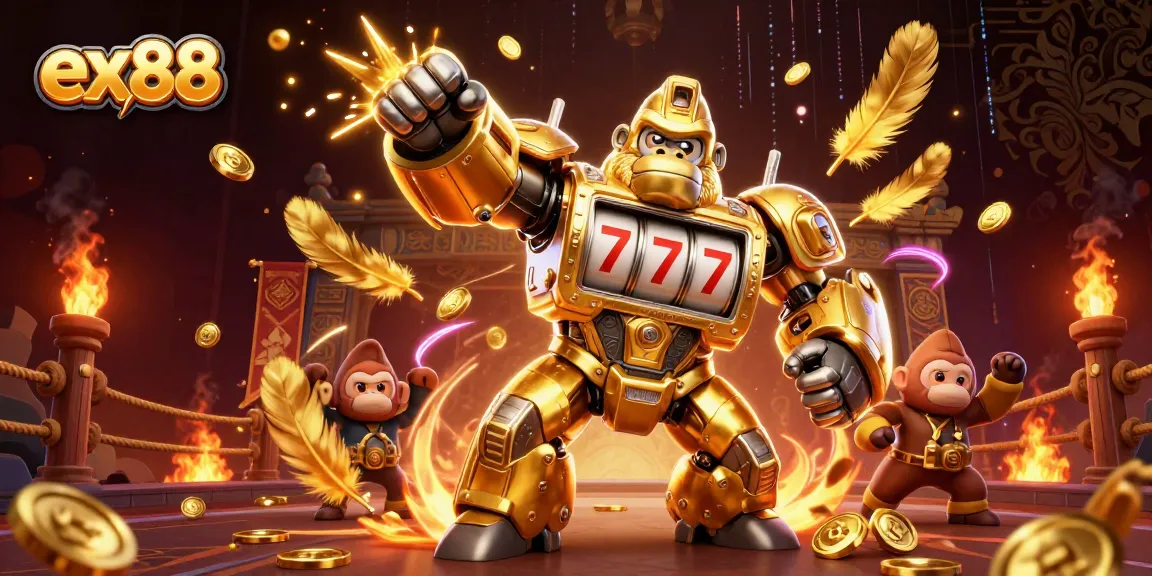Experience the thrill of ex88 with a dynamic 3D scene of a gorilla mech and vibrant casino elements.