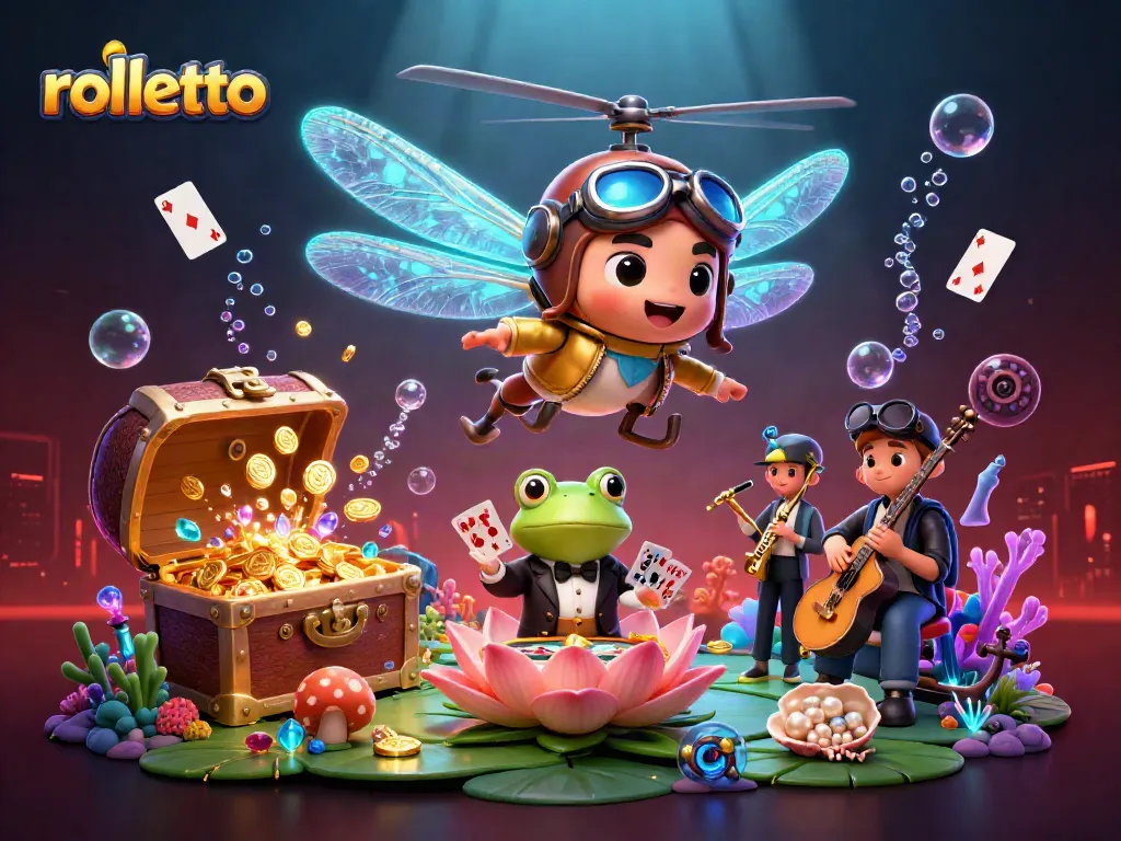 rolletto casino features a vibrant scene with a frog croupier, cartoon pilot, and jazz musicians