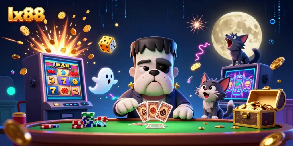 Experience the thrilling world of lx88 with cartoon characters dealing cards and explosive casino elements.
