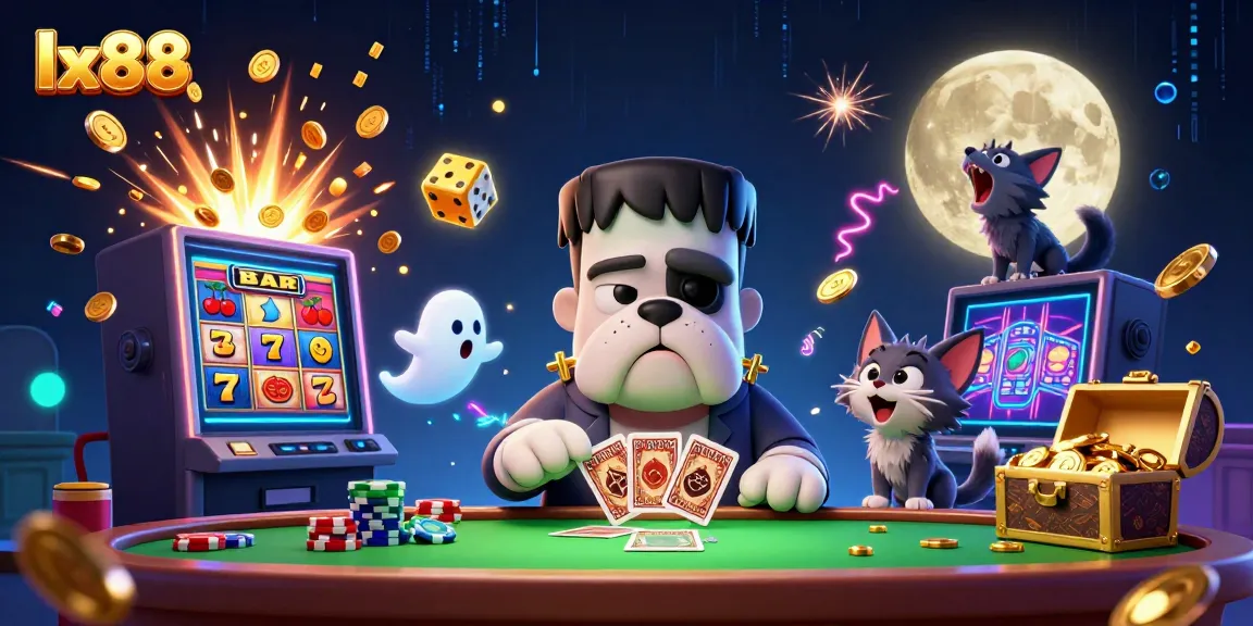 Experience the thrilling world of lx88 with cartoon characters dealing cards and explosive casino elements.