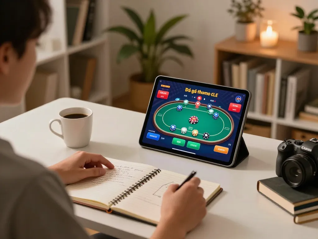 Watching Đá gà thomo live stream on a tablet, showcasing strategic gameplay and a cozy home atmosphere.