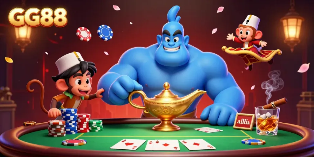 GG88 offers an exciting 3D casino illustration with a genie, monkey, and poker elements, captivating players visually.
