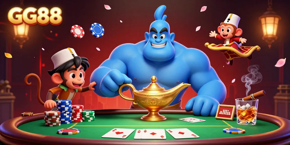 GG88 offers an exciting 3D casino illustration with a genie, monkey, and poker elements, captivating players visually.