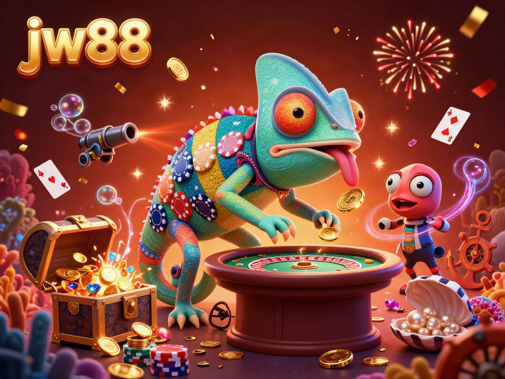 Experience dynamic gaming with JW88's chameleon casino owner snatching coins in a lavish casino setting.