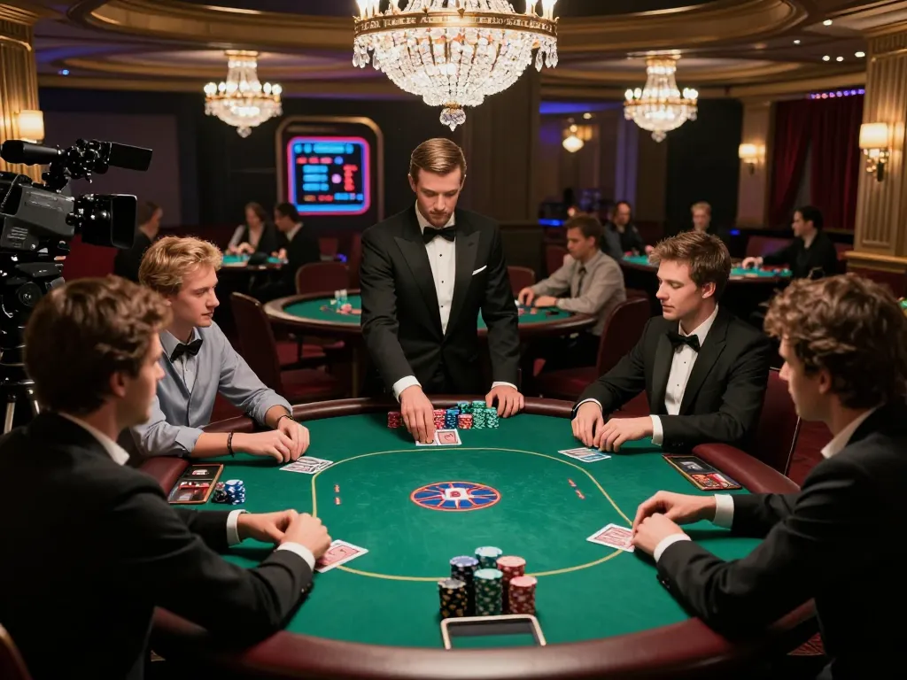 Action-packed TT88 poker game at a luxurious casino table, showcasing players strategizing and placing bets.