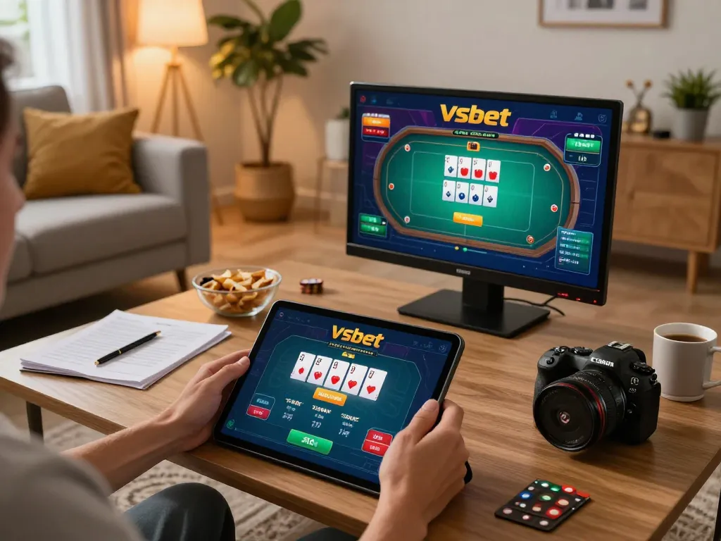 Engaging with the Vsbet app on a tablet in a cozy home gaming atmosphere