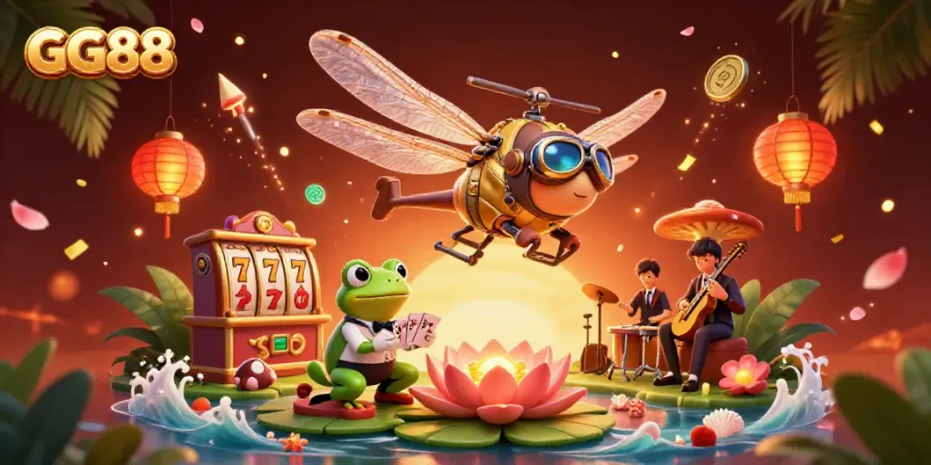 Play games at GG88 with a whimsical casino scene featuring a dragonfly pilot and frog croupier.