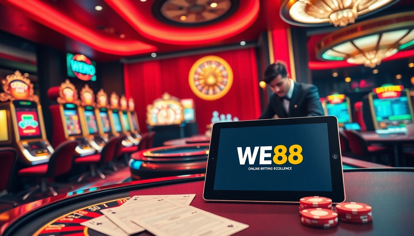 Experience the thrill of WE88 with vibrant casino games, chips, and immersive dealer interactions.