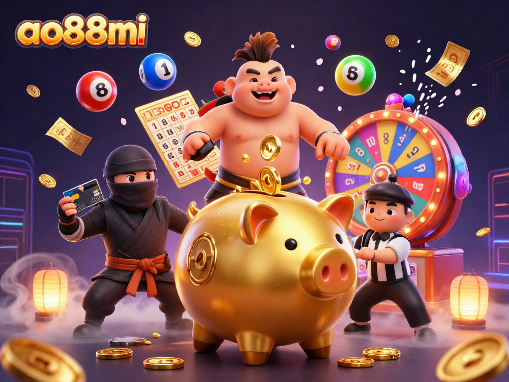 Join the fun at ao88mi with a spectacular 3D illustration of a golden piggy bank and friends in a vibrant casino scene.