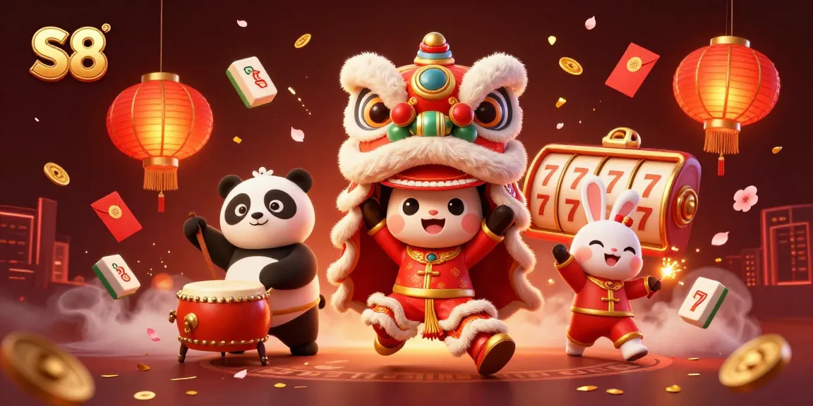 S8 players enjoying vibrant slot games, surrounded by dynamic slot reels and festive elements.