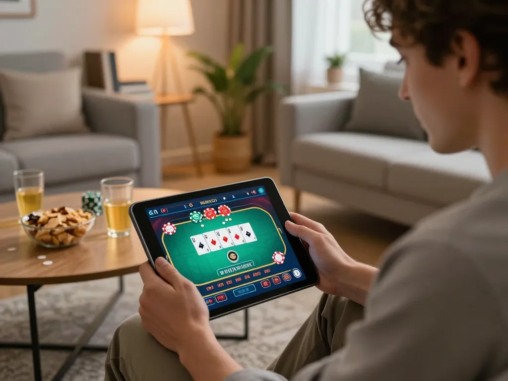 Player enjoying x88 online poker on tablet at home with ambient lighting and snacks