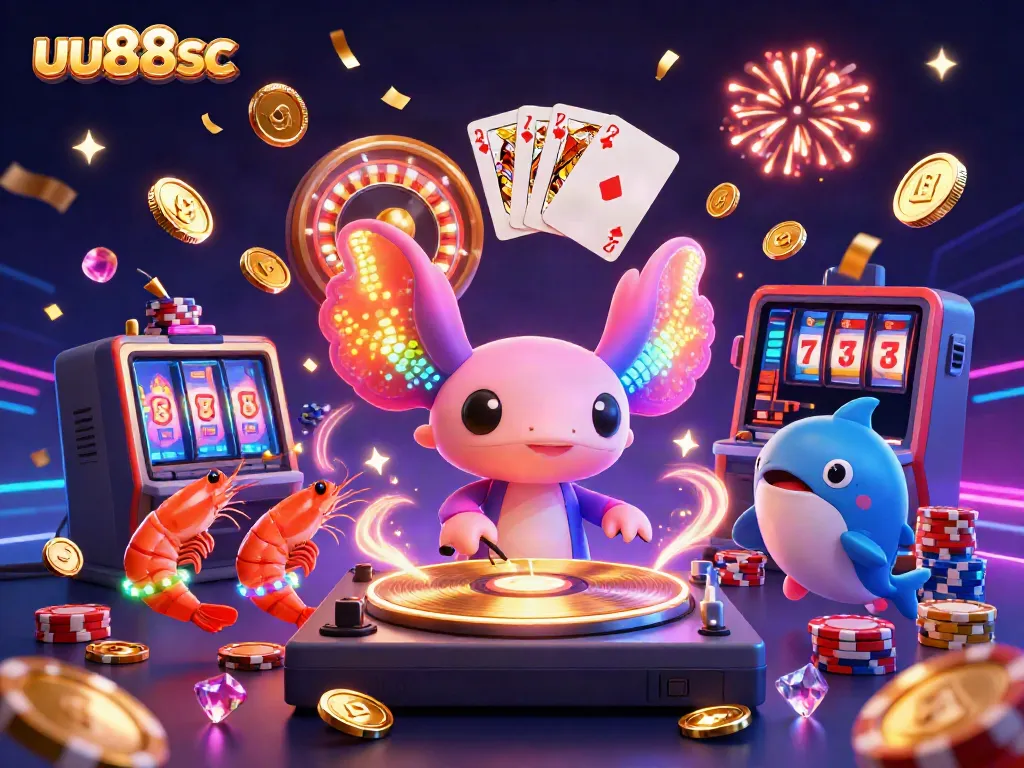 Join the energetic uu88sc online casino party with vibrant characters and dynamic gambling elements.