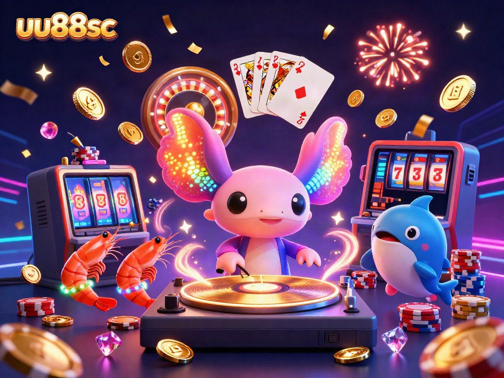 Join the energetic uu88sc online casino party with vibrant characters and dynamic gambling elements.