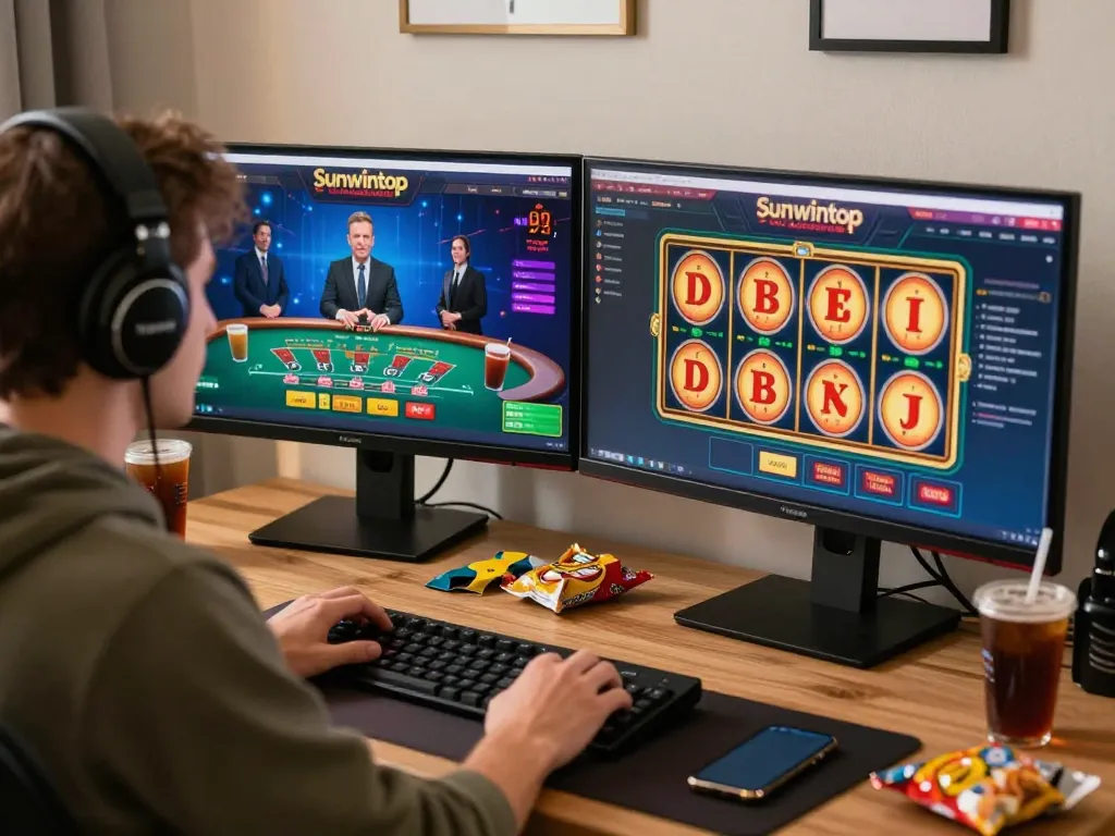 Player engaging with sunwintop online casino on dual monitors, enhancing gaming experience and strategy.