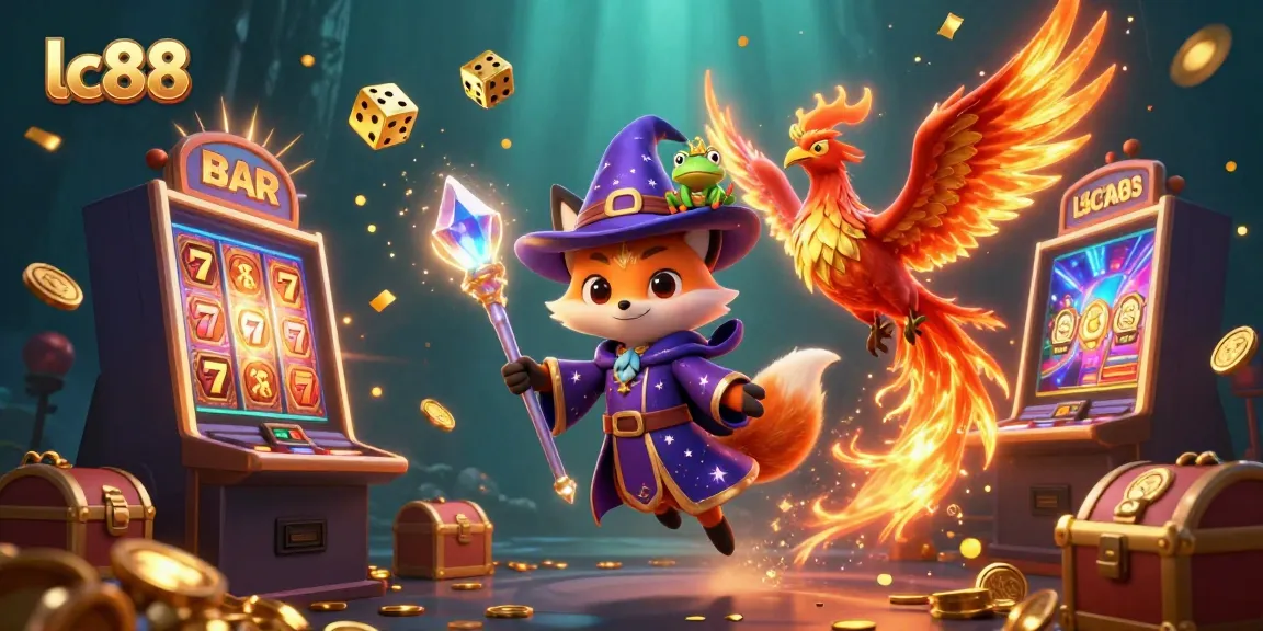 Experience the magic of lc88 with a wizard fox and phoenix amidst dynamic casino elements.