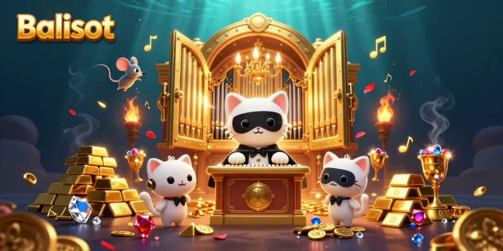Experience thrilling gaming at Balislot with vibrant characters and treasure overflowing in this 3D illustration.