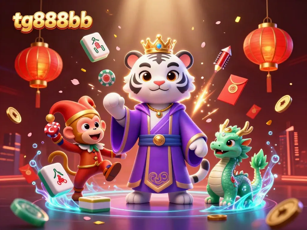 Experience the vibrant excitement of gambling with tg888bb in this dynamic casino illustration featuring a white tiger and playful monkey.