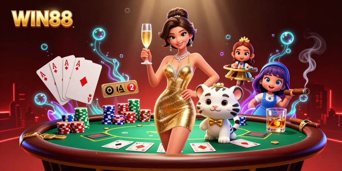 WIN88: Join the glamorous casino scene with poker chips and a lucky tiger cub.