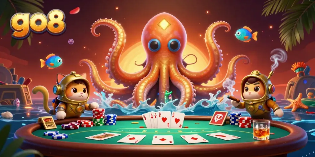 Experience thrilling gameplay at go8 with a colossal kraken and poker action.