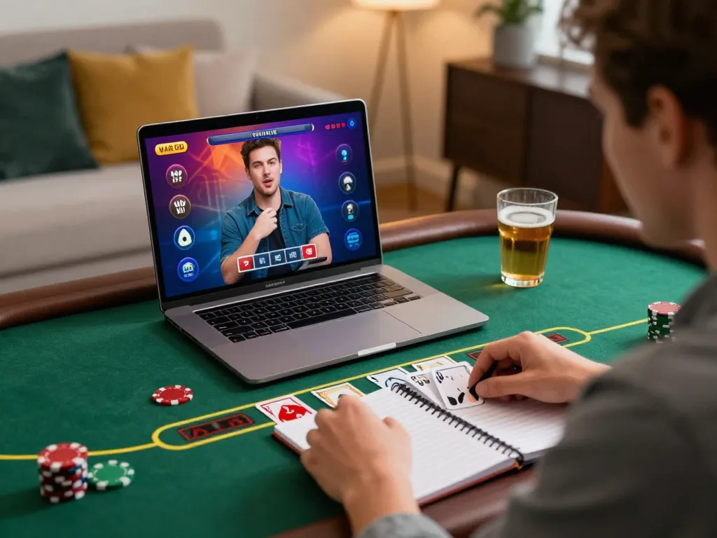 Dabet player engaged in live dealer blackjack, demonstrating focus on their strategy in a cozy gaming setup.