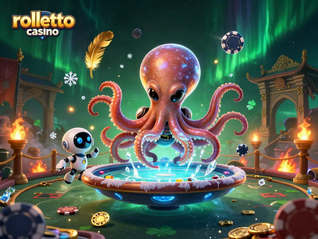 Enjoy vibrant action at rolletto casino featuring an alien octopus and holographic poker table.